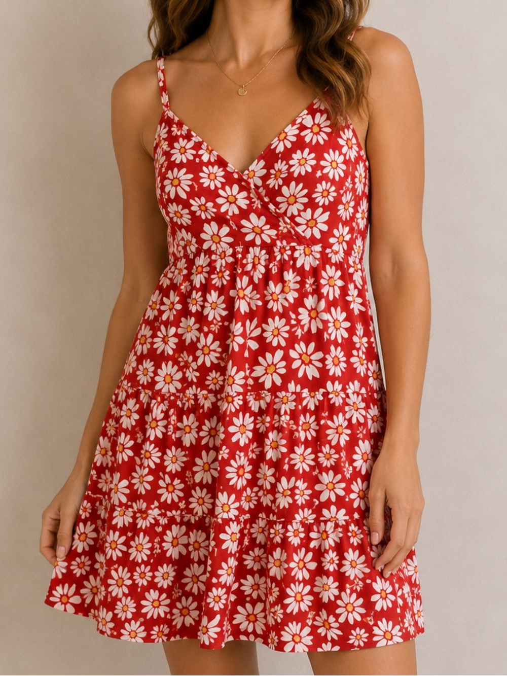 Hollister Floral Mini Dress Red White Daisy V-Neck Adjustable Straps XS